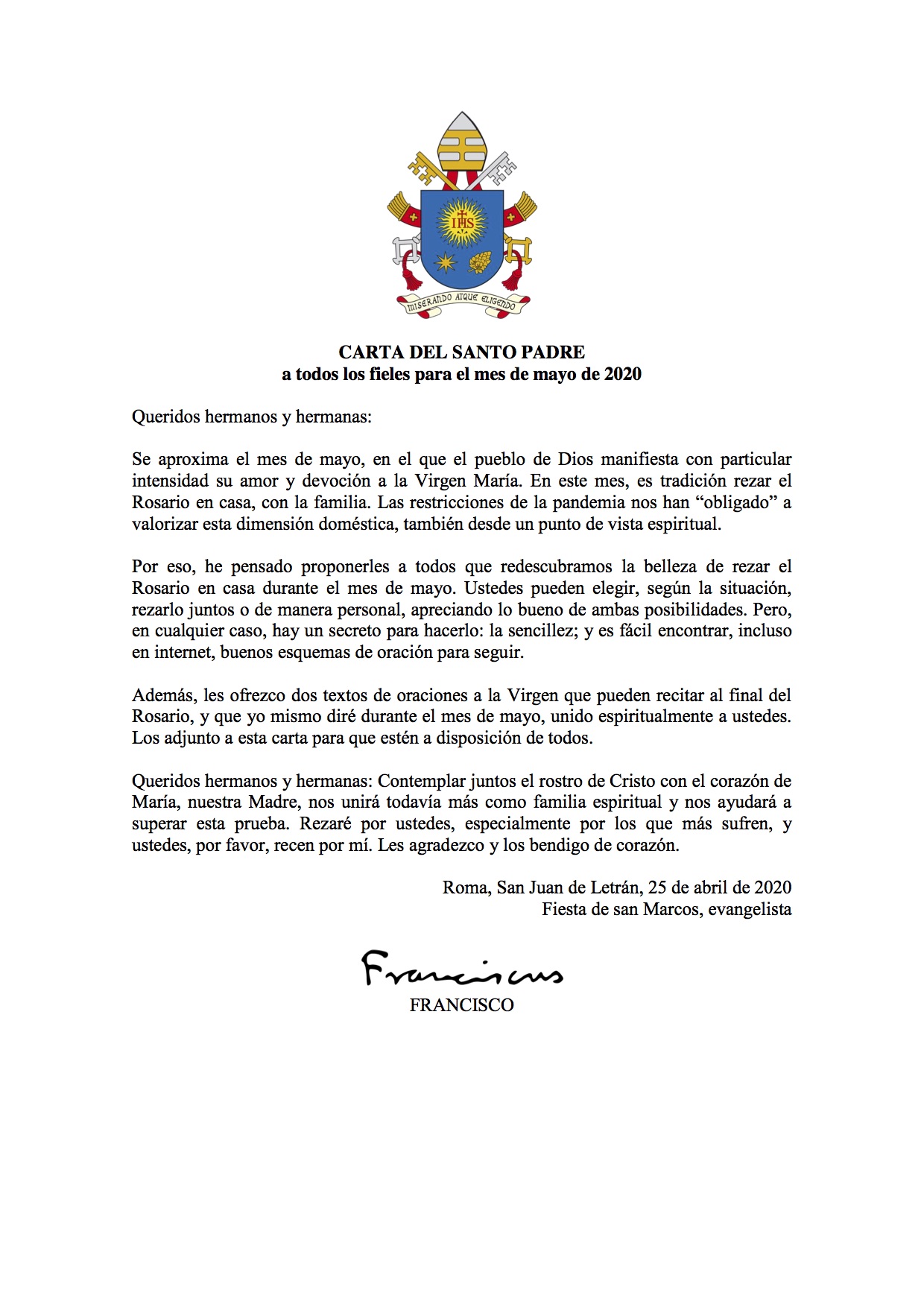 Carta del Papa para mayo de 2020