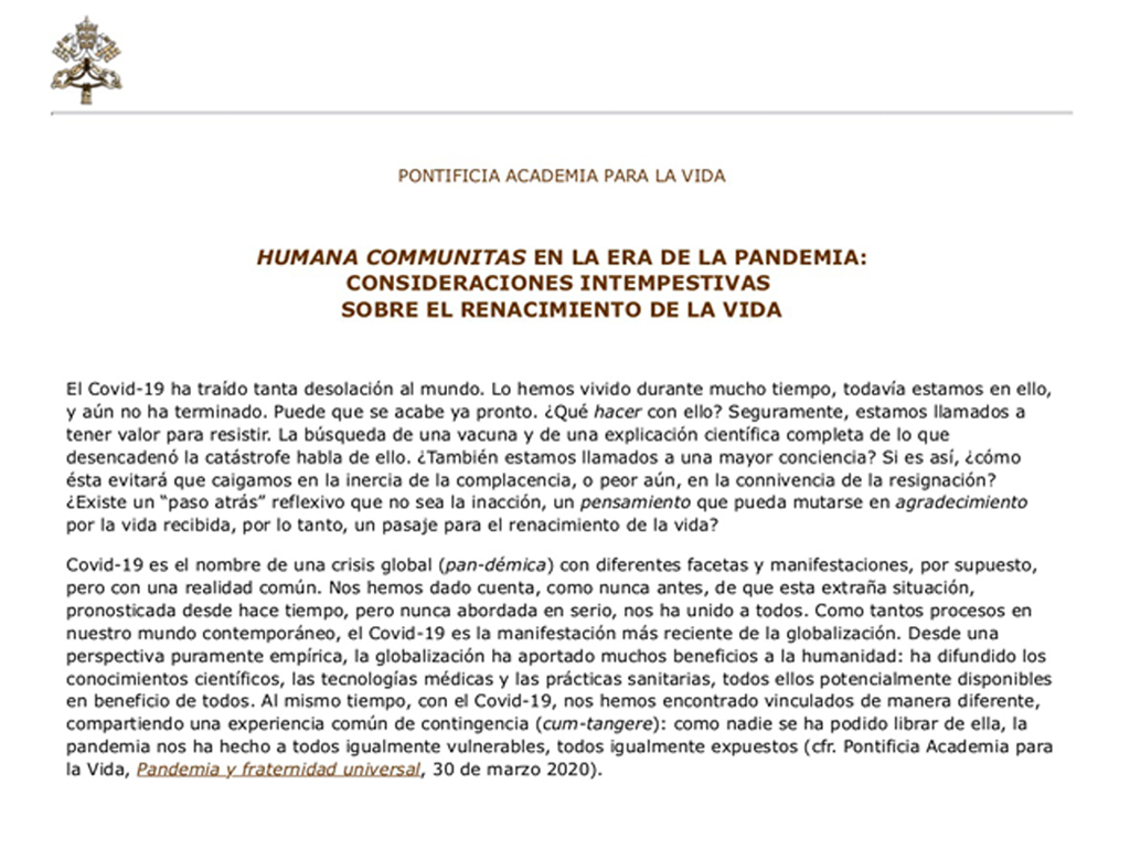 Humana Communitas en la era de la pandemia